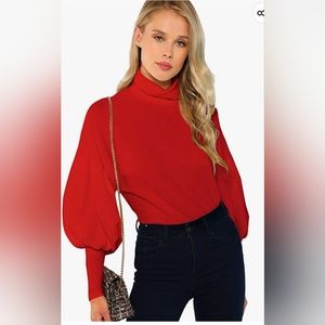Romwe Lantern Sleeve Red Turtleneck Popover Top